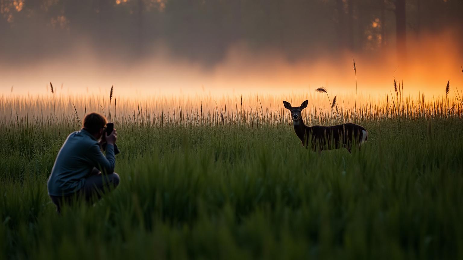Misty forest at dawn with a white-tailed deer
